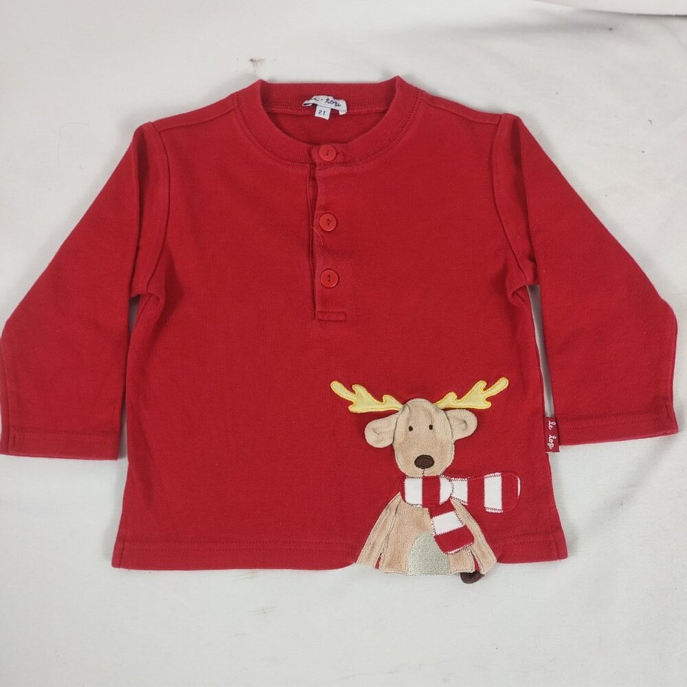 Le Top Toddler Boy's Red Long Sleeve Shirt "Reindeer" Size 2T